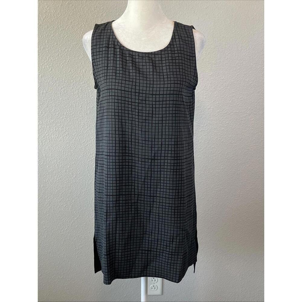 Eileen Fisher Windowpane Silk Sleeveless Dress Gray/Black Size XXS